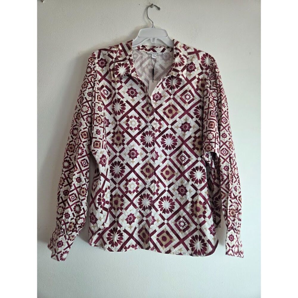 NWT Chico's Red & Beige Desert Star Tencel/Linen Dolman Sleeve Button Up Top 12R